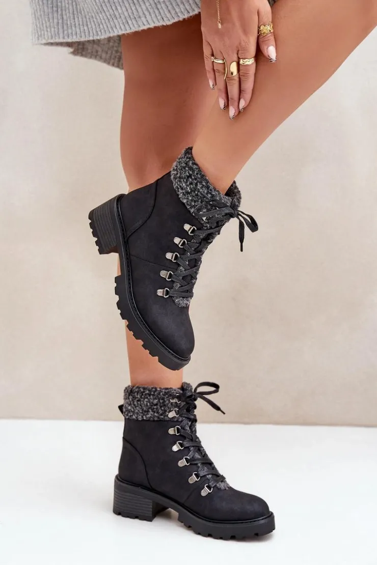 Damskie Boto Damskie Trapery Z Kożuszkiem Na Niskim Obcasie Czarne Brenneth