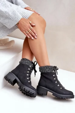 Damskie Boto Damskie Trapery Z Kożuszkiem Na Niskim Obcasie Czarne Brenneth