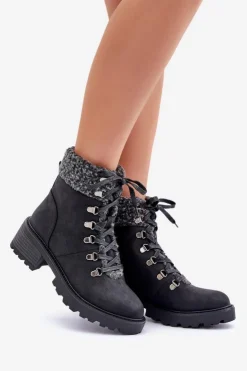 Damskie Boto Damskie Trapery Z Kożuszkiem Na Niskim Obcasie Czarne Brenneth