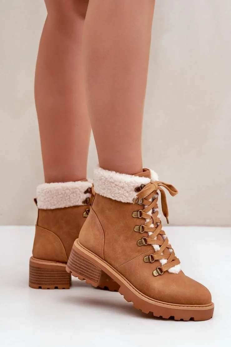 Boto Botki Ocieplane|Botki Sznurowane*Damskie Trapery Z Kożuszkiem Na Niskim Obcasie Camel Brenneth