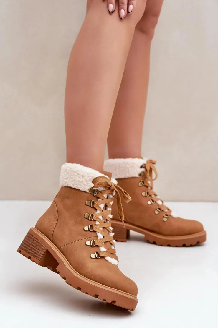 Boto Botki Ocieplane|Botki Sznurowane*Damskie Trapery Z Kożuszkiem Na Niskim Obcasie Camel Brenneth