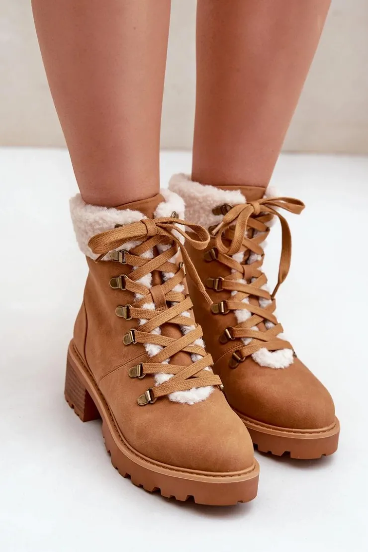 Boto Botki Ocieplane|Botki Sznurowane*Damskie Trapery Z Kożuszkiem Na Niskim Obcasie Camel Brenneth