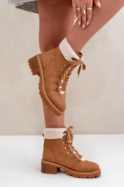 Boto Botki Ocieplane|Botki Sznurowane*Damskie Trapery Z Kożuszkiem Na Niskim Obcasie Camel Brenneth