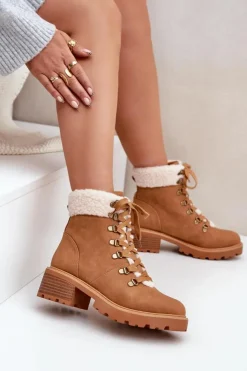 Boto Botki Ocieplane|Botki Sznurowane*Damskie Trapery Z Kożuszkiem Na Niskim Obcasie Camel Brenneth