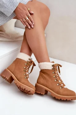 Boto Botki Ocieplane|Botki Sznurowane*Damskie Trapery Z Kożuszkiem Na Niskim Obcasie Camel Brenneth