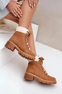 Boto Botki Ocieplane|Botki Sznurowane*Damskie Trapery Z Kożuszkiem Na Niskim Obcasie Camel Brenneth