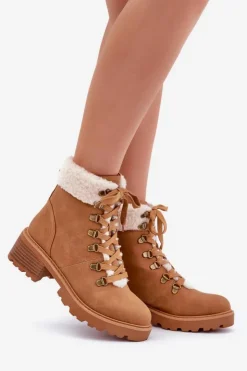 Boto Botki Ocieplane|Botki Sznurowane*Damskie Trapery Z Kożuszkiem Na Niskim Obcasie Camel Brenneth