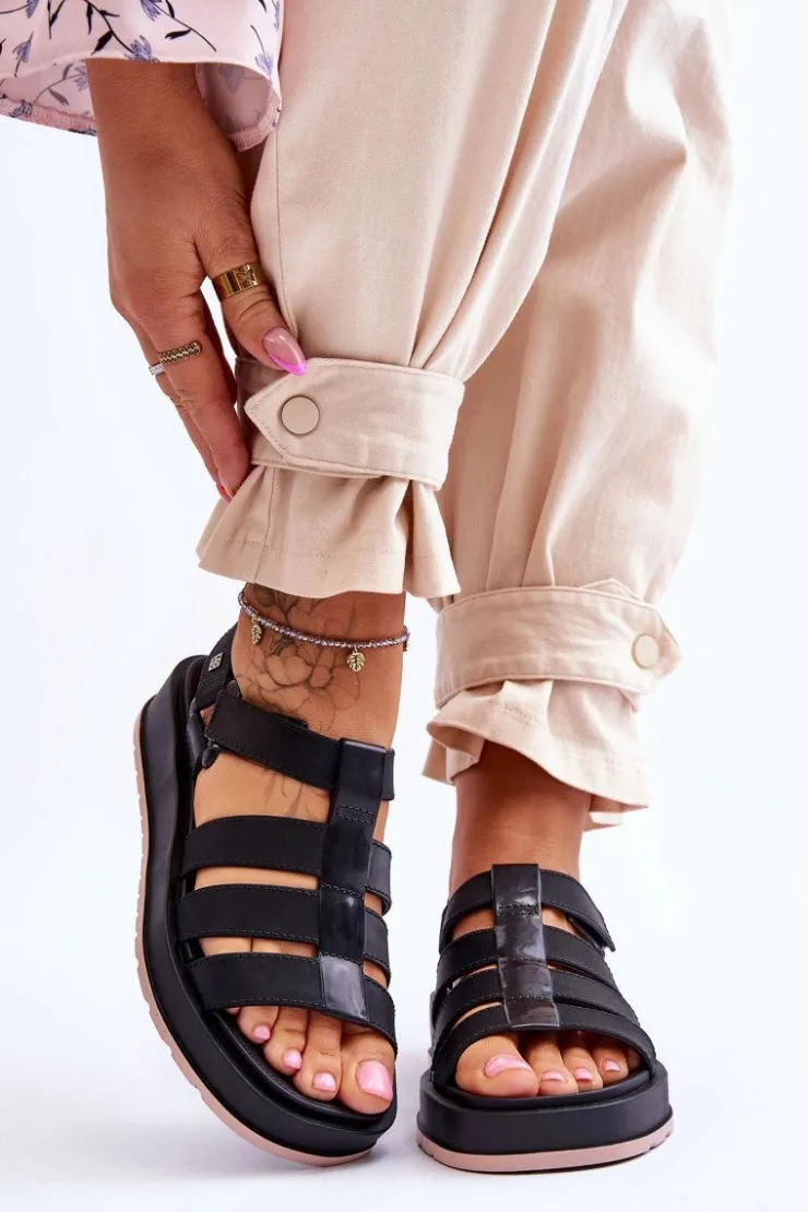 ZAXY Sandały Gumowe|Sandały Płaskie*Damskie Wegańskie Sandały Na Rzepy JJ285017 Czarne