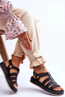 ZAXY Sandały Gumowe|Sandały Płaskie*Damskie Wegańskie Sandały Na Rzepy JJ285017 Czarne