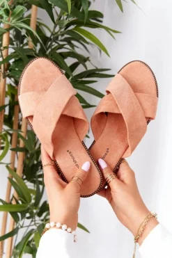 Boto Klapki Damskie Klasyczne*Damskie Welurowe Klapki Brzoskwiniowe Edesa