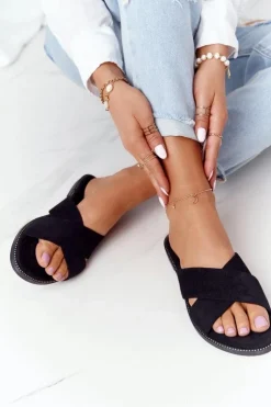 Outlet Boto Damskie Welurowe Klapki Czarne Edesa