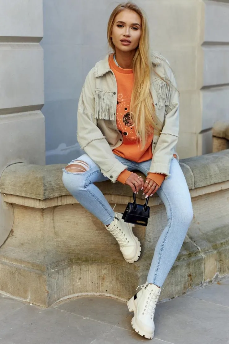 Hot Damskie buty S.Barski Damskie Wiosenne Botki Trapery Jasnobeżowe Larina