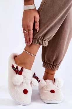 Discount Boto Damskie Świąteczne Futrzane Papcie Z Reniferem Kremowe Clarie