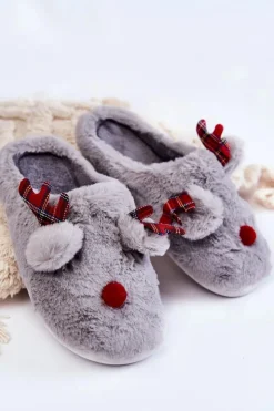 Hot Boto Damskie Świąteczne Futrzane Papcie Z Reniferem Szare Clarie Szary