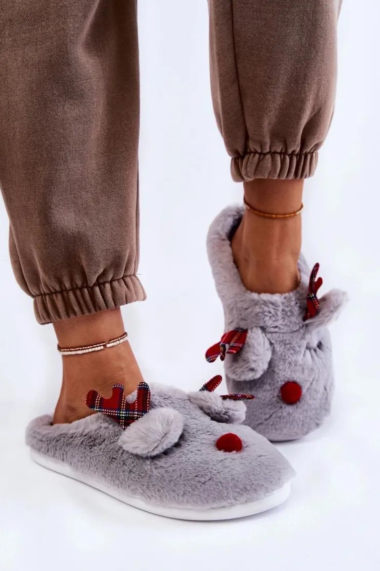 Hot Boto Damskie Świąteczne Futrzane Papcie Z Reniferem Szare Clarie Szary