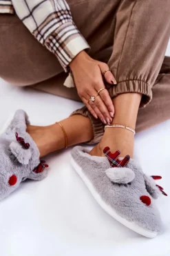 Hot Boto Damskie Świąteczne Futrzane Papcie Z Reniferem Szare Clarie Szary