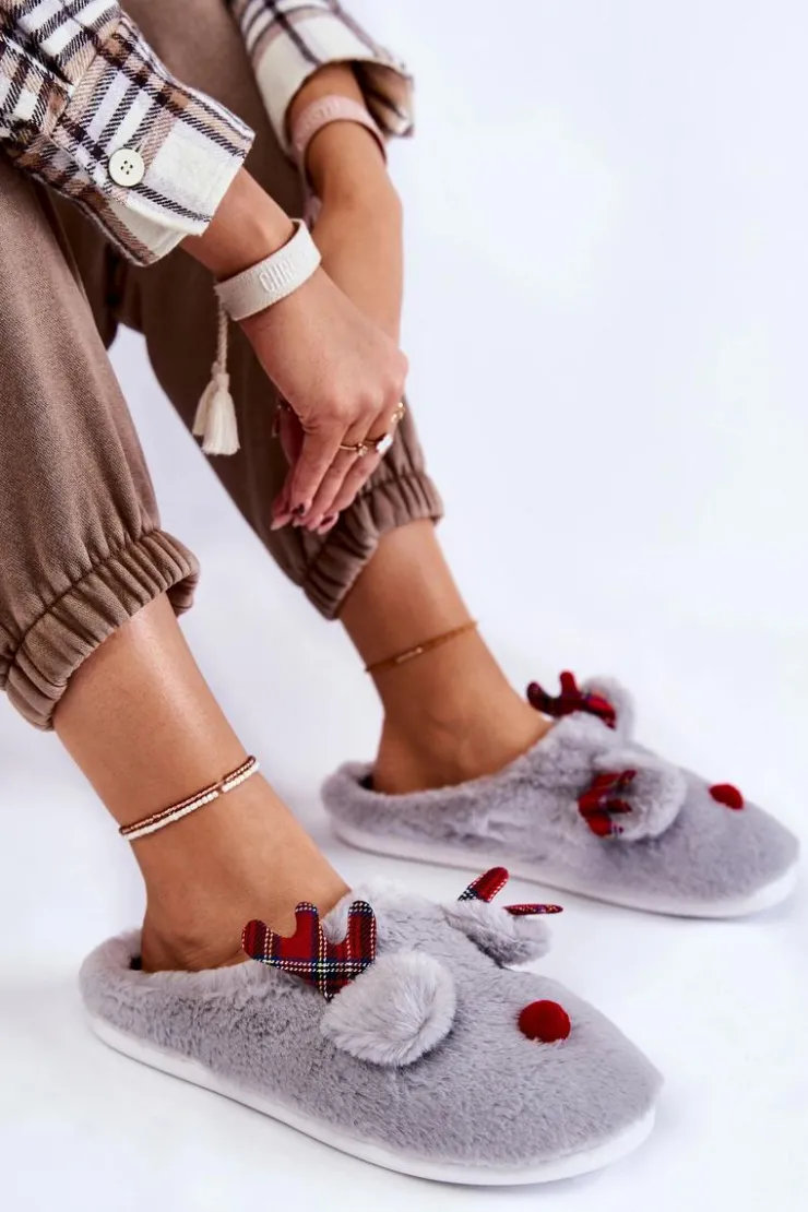 Hot Boto Damskie Świąteczne Futrzane Papcie Z Reniferem Szare Clarie Szary