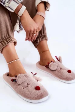 Damskie Boto Damskie Świąteczne Futrzane Papcie Z Reniferem Beżowe Clarie