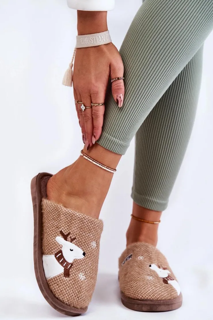 Boto Kapcie Klasyczne*Damskie Świąteczne Papcie Z Reniferem Brązowe Millio