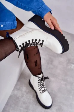 Damskie Boto Damskie Wiązane Botki Glany Białe Callie