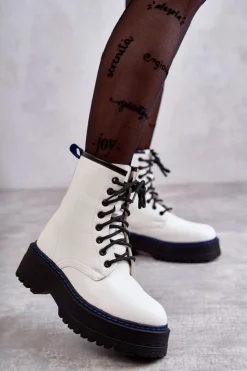 Damskie Boto Damskie Wiązane Botki Glany Białe Callie