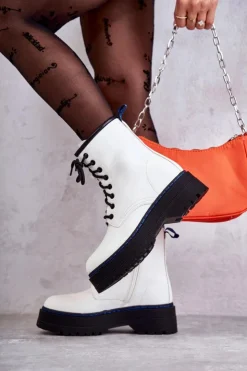 Damskie Boto Damskie Wiązane Botki Glany Białe Callie