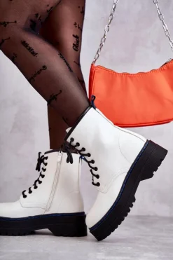 Damskie Boto Damskie Wiązane Botki Glany Białe Callie