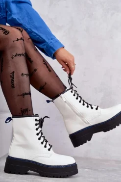 Damskie Boto Damskie Wiązane Botki Glany Białe Callie