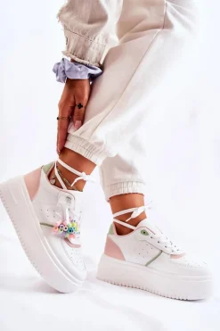 Boto Sneakersy Damskie*Damskie Wiązane Buty Sportowe Sneakersy Biało-Różowe Manila