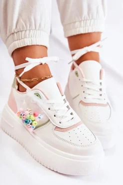Boto Sneakersy Damskie*Damskie Wiązane Buty Sportowe Sneakersy Biało-Różowe Manila