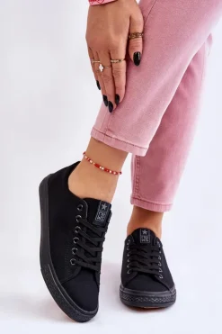 Evento Trampki Damskie Niskie*Damskie Wiązane Klasyczne Trampki Czarne Eleya Czarny