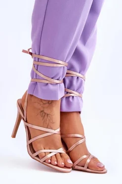 Sale Boto Damskie Wiązane Sandałki Na Szpilce Beżowe Meya Beżowy