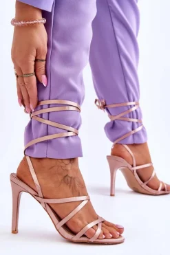 Sale Boto Damskie Wiązane Sandałki Na Szpilce Beżowe Meya Beżowy