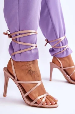 Sale Boto Damskie Wiązane Sandałki Na Szpilce Beżowe Meya Beżowy