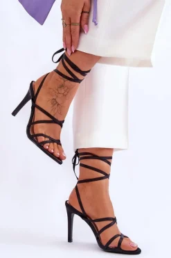 New Boto Damskie Wiązane Sandałki Na Szpilce Czarne Meya