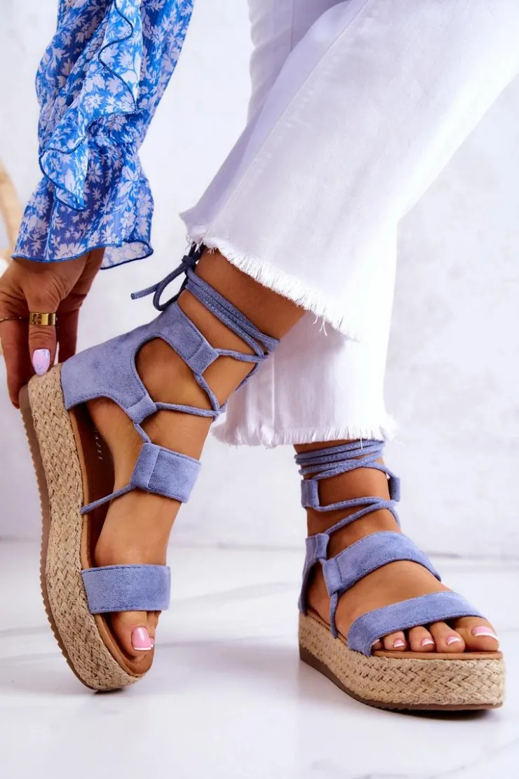 Boto Damskie Wiązane Sandały Na Platformie Niebieskie Amrillo