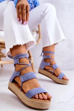 Boto Damskie Wiązane Sandały Na Platformie Niebieskie Amrillo