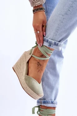 Outlet Boto Damskie Wiązane Sandały Na Koturnie Zielone Bethany