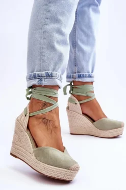 Outlet Boto Damskie Wiązane Sandały Na Koturnie Zielone Bethany