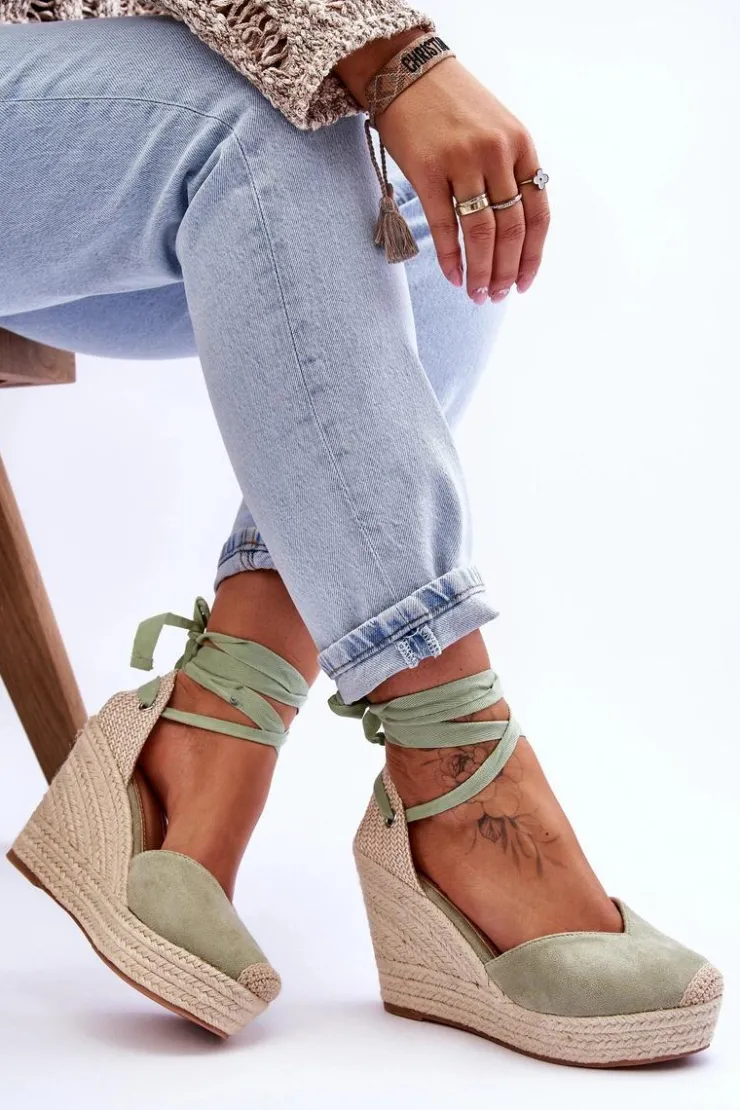 Outlet Boto Damskie Wiązane Sandały Na Koturnie Zielone Bethany