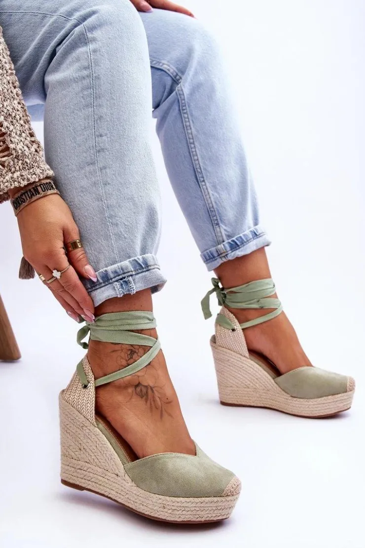 Outlet Boto Damskie Wiązane Sandały Na Koturnie Zielone Bethany