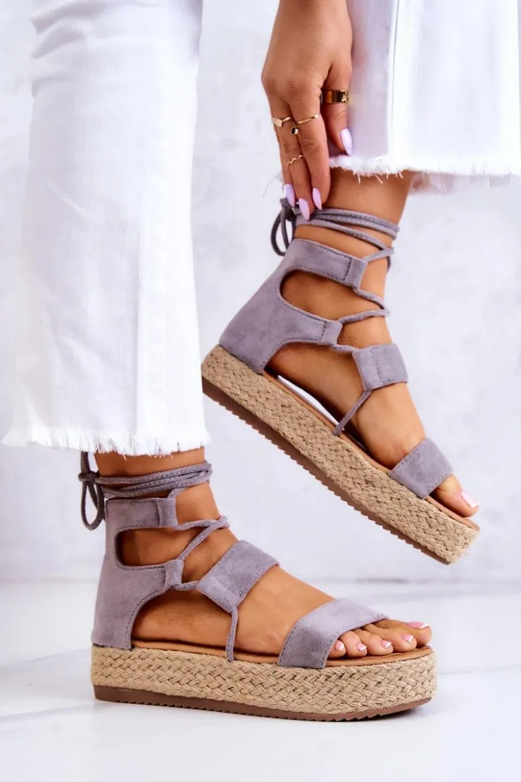 Sale Boto Damskie Wiązane Sandały Na Platformie Szare Amrillo