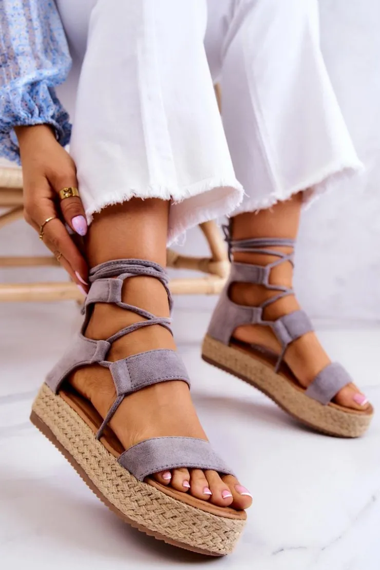 Sale Boto Damskie Wiązane Sandały Na Platformie Szare Amrillo