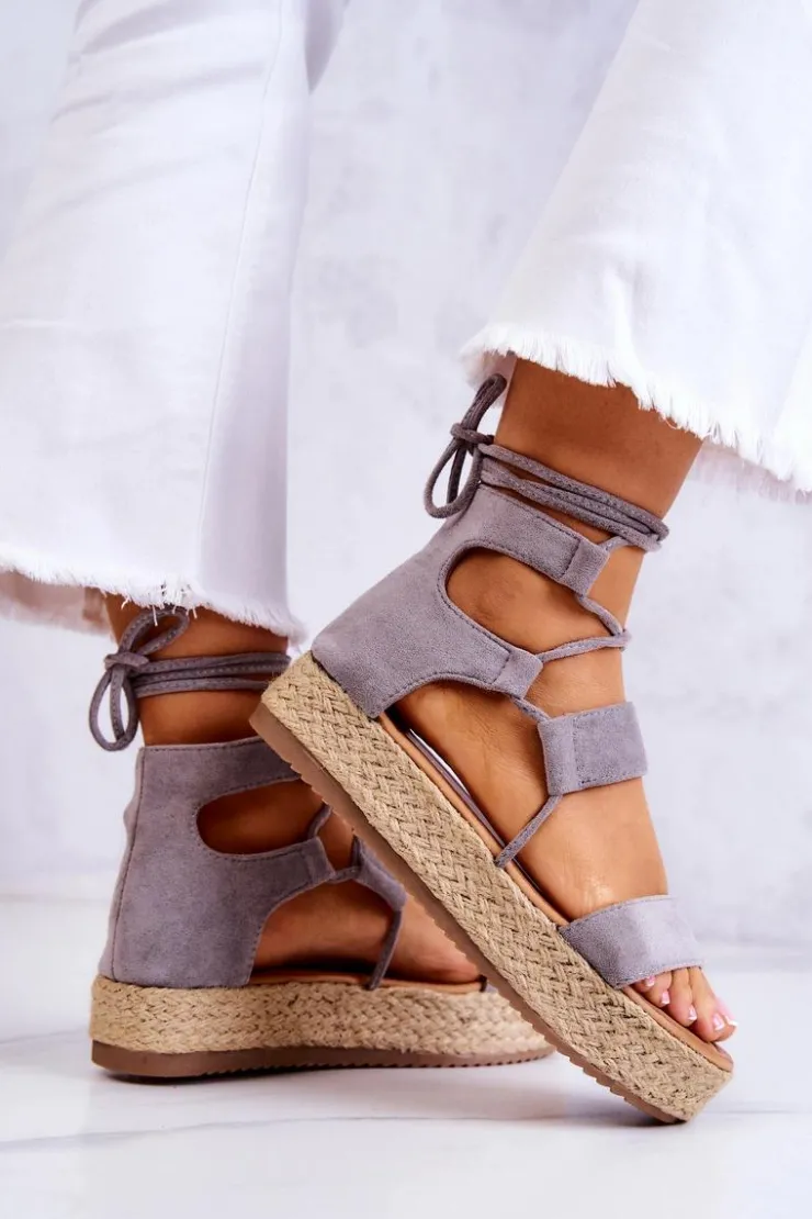 Sale Boto Damskie Wiązane Sandały Na Platformie Szare Amrillo