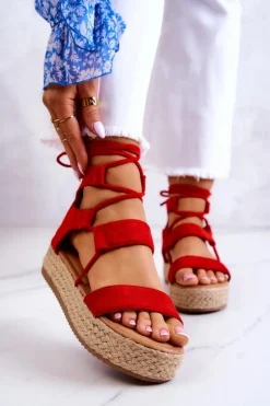 Boto Sandały Płaskie*Damskie Wiązane Sandały Na Platformie Czerwone Amrillo