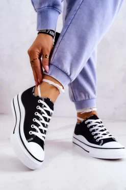 Online Damskie buty S.Barski Damskie Wiązane Tenisówki Czarne Menifee Czarny