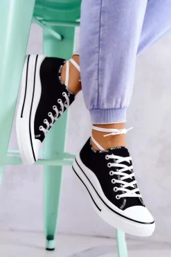 Online Damskie buty S.Barski Damskie Wiązane Tenisówki Czarne Menifee Czarny