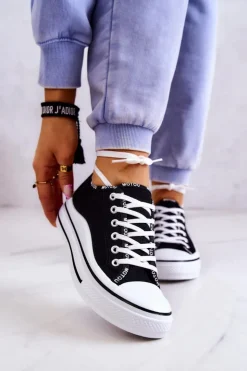 Online Damskie buty S.Barski Damskie Wiązane Tenisówki Czarne Menifee Czarny