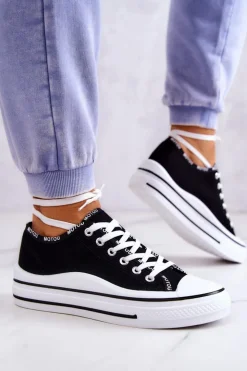 Online Damskie buty S.Barski Damskie Wiązane Tenisówki Czarne Menifee Czarny