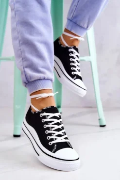 Online Damskie buty S.Barski Damskie Wiązane Tenisówki Czarne Menifee Czarny